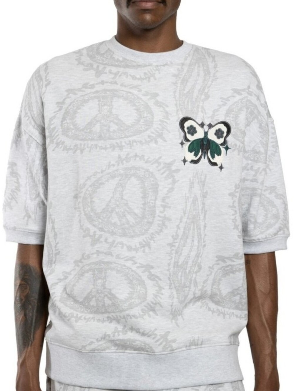 AGTAWH Men's Light Gray Short Sleeve Graphic Sweatshirt w/ Butterfly Patch&peace